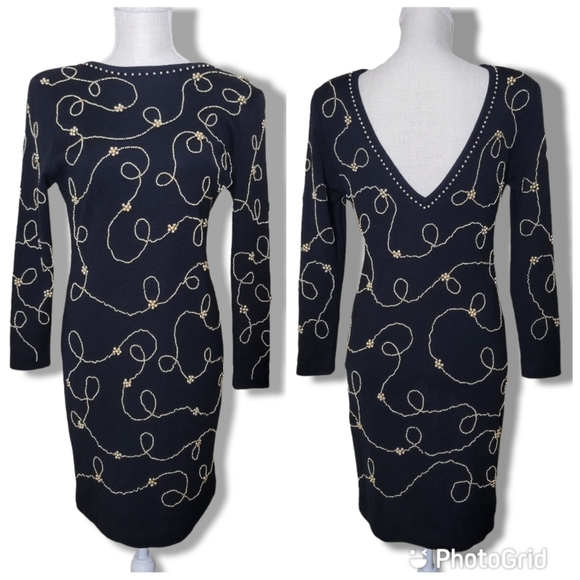 Vintage Dresses & Skirts - VINTAGE 80's Black Sexy Bodycon Dress Gold Bead Trim Deep V Back Et Al size 12